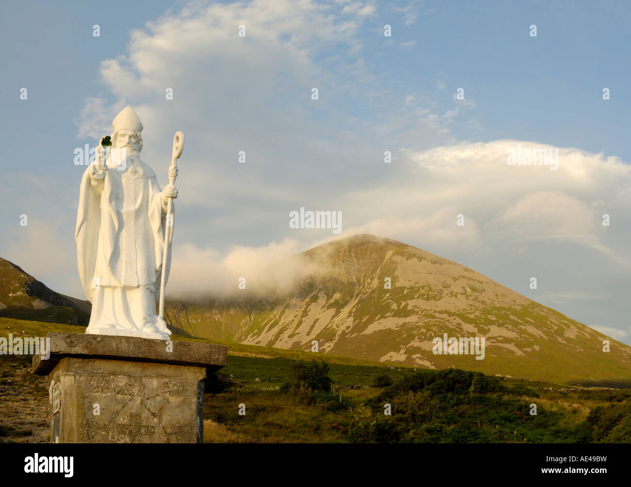 Statue of St. Patrick at the base of Croagh Patrick mountain, County Mayo, Connacht, Republic of Ireland, Europe Stock Photo