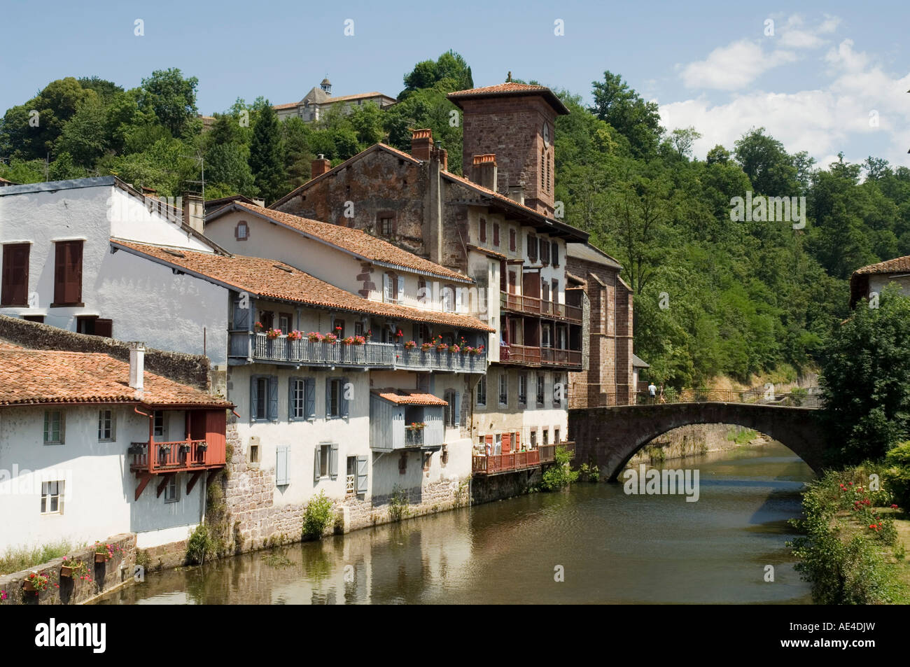 Church of Our Lady beside old bridge, St. Jean Pied de Port, Basque ...
