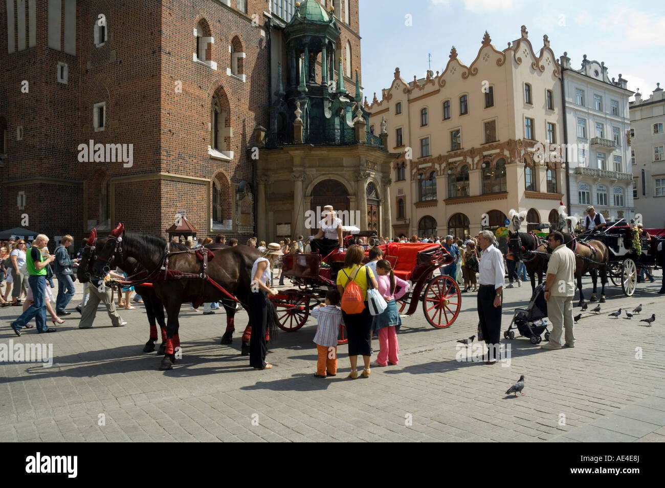 Horse & carriages in Main Market Square, Old Town District (Stare Miasto), Krakow (Cracow), UNESCO World Heritage Site, Poland Stock Photo
