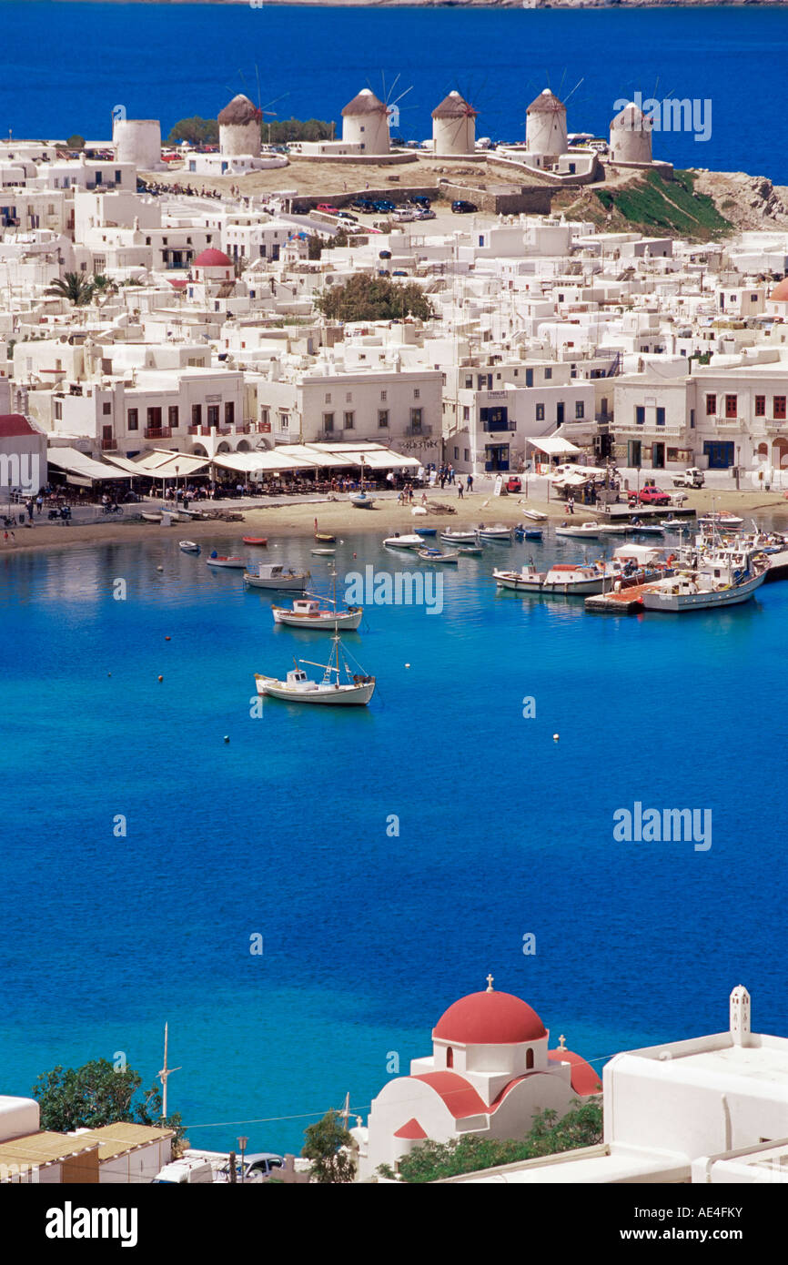 Aerial view of Mykonos, Hora and harbour, Cyclades, Greek Islands, Greece, Mediterranean, Europe Stock Photo