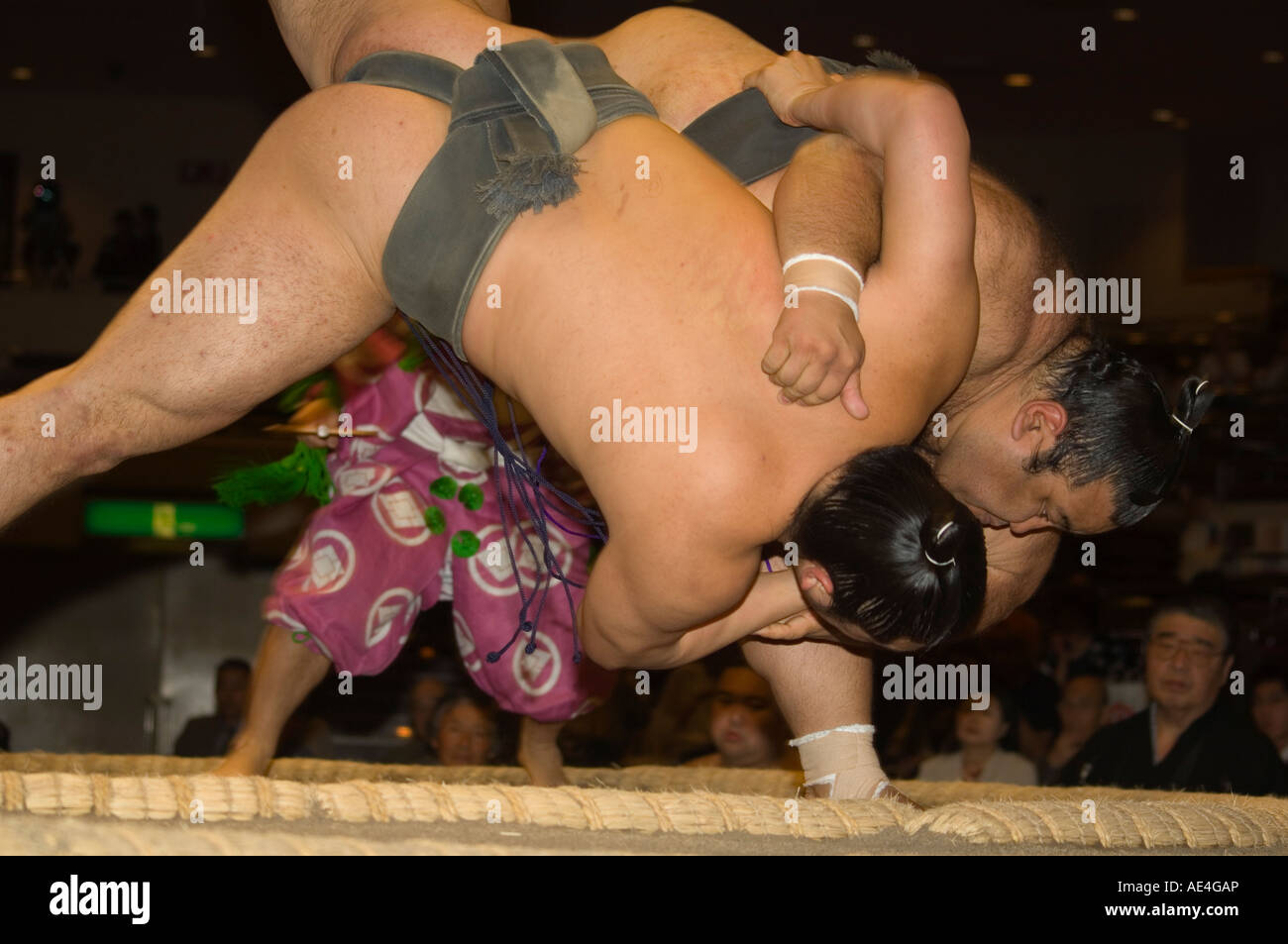 Sumo wrestlers competing, Grand Taikai Sumo Wrestling Tournament, Kokugikan Hall Stadium, Ryogoku district, Tokyo, Japan, Asia Stock Photo