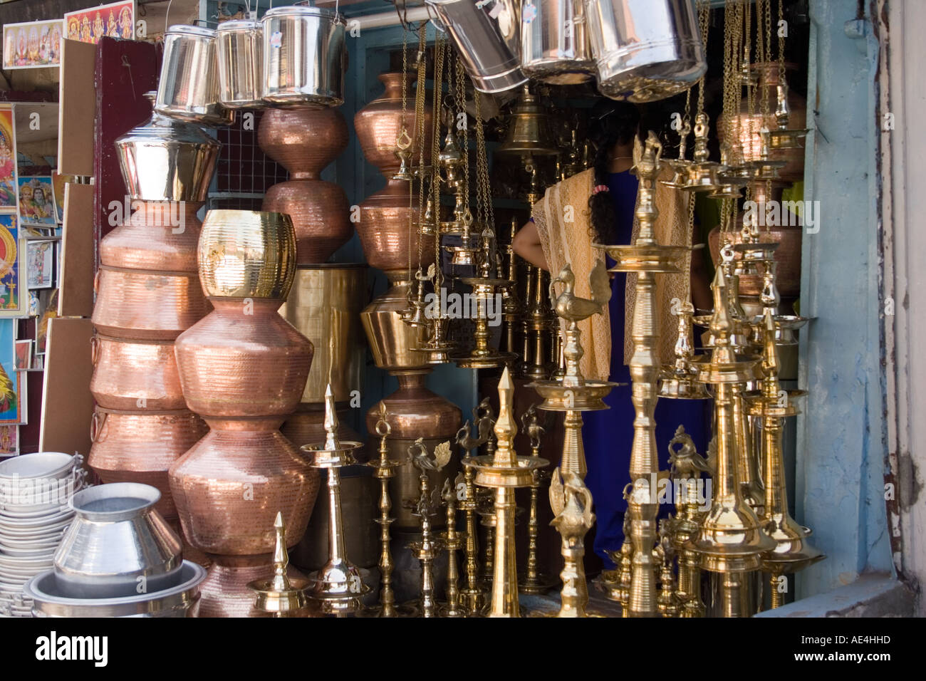 Brass and copper good for sale in shop Bazaar Street Trivandrum Stock
