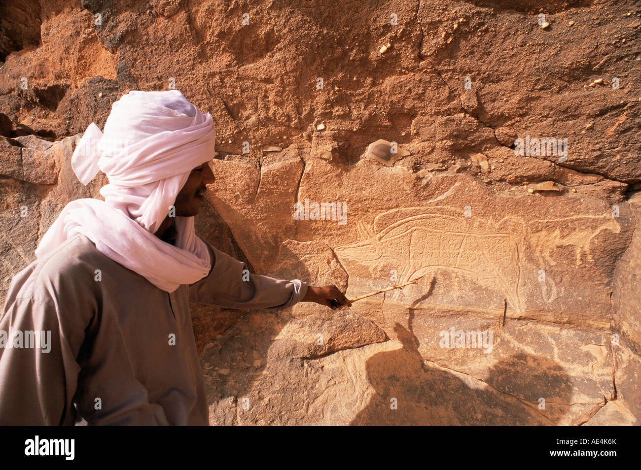 Rock engravings, Messak Mellet, Southwest desert, Libya, North Africa, Africa Stock Photo