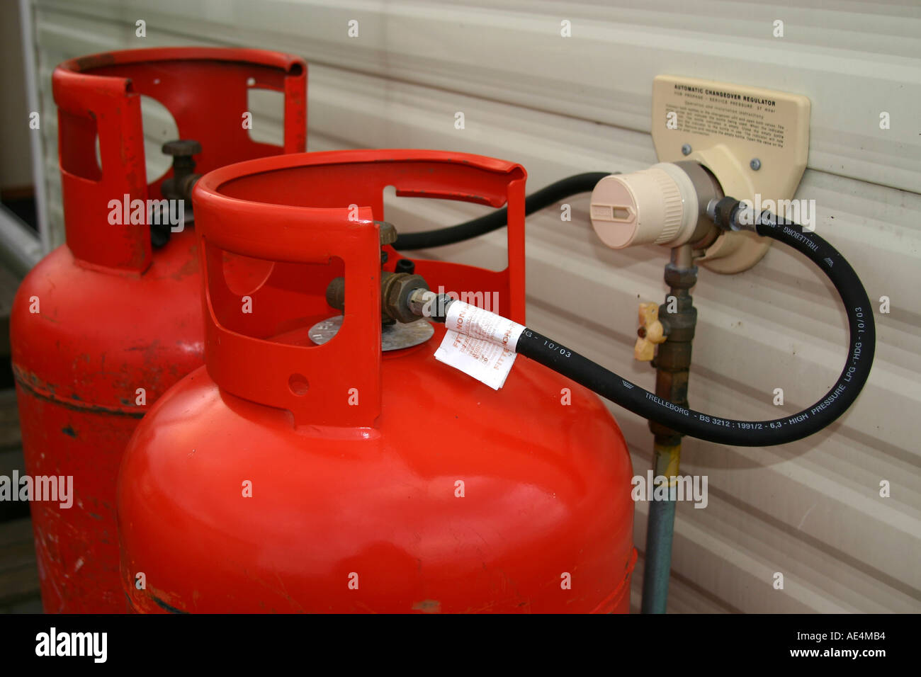 Automatic control and switching valve on large capacity Propane cylinders fitted to a holiday