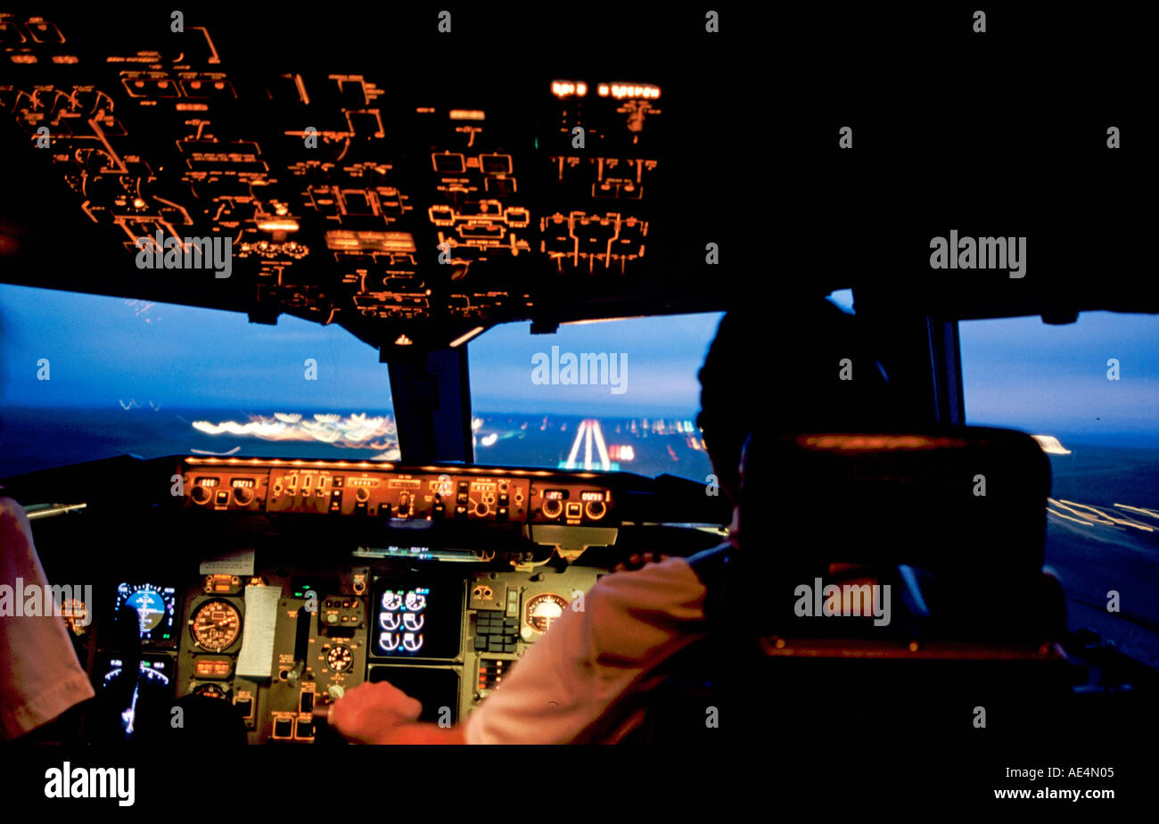 Flight deck or cockpit of British Airways 747 Jumbo Jet during landing ...