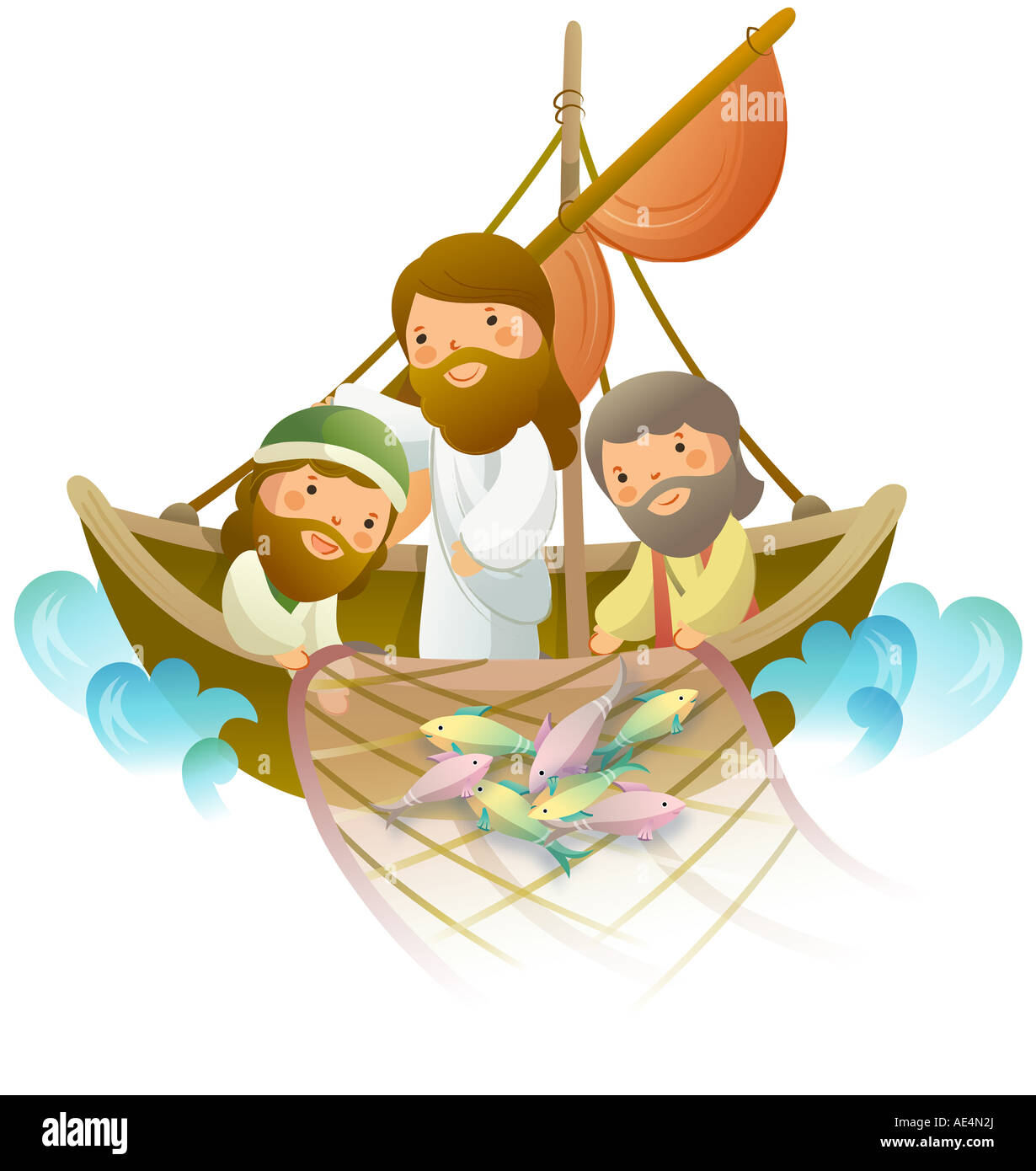 Side profile of two men fishing with Jesus Christ on a boat Stock Photo
