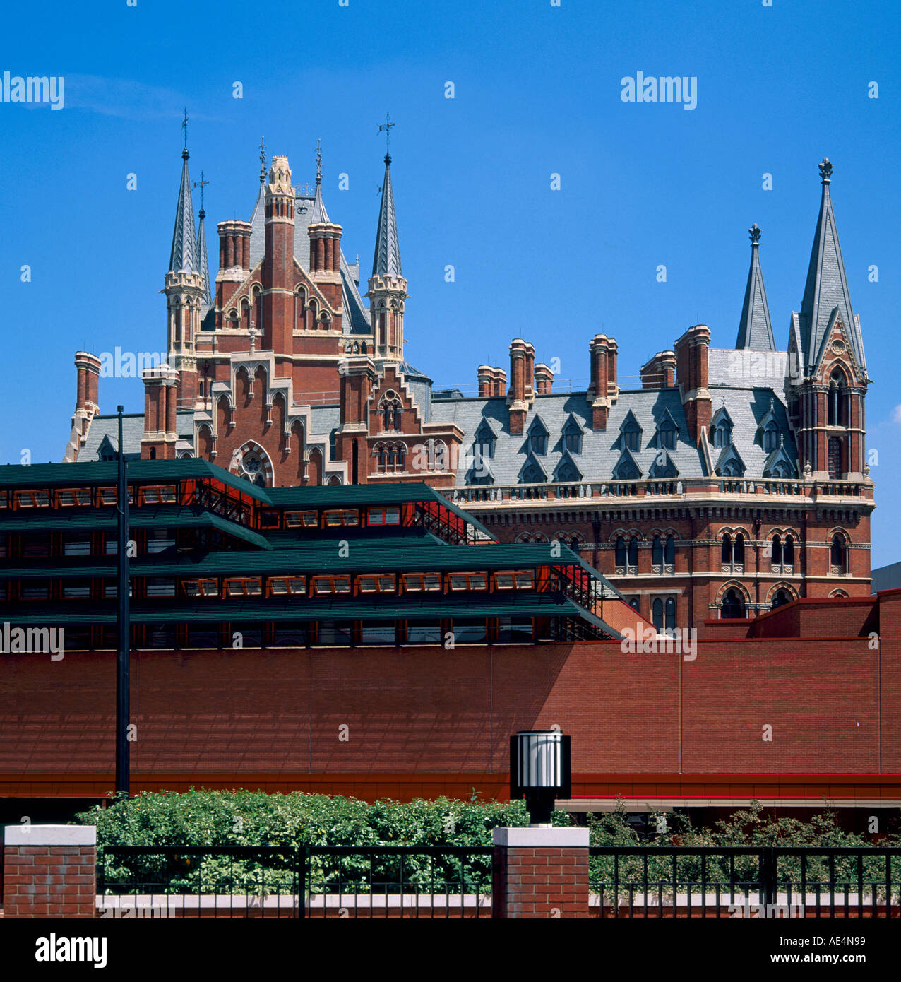 Roofs of St Pancras Chambers and British Library with blue sky London ...