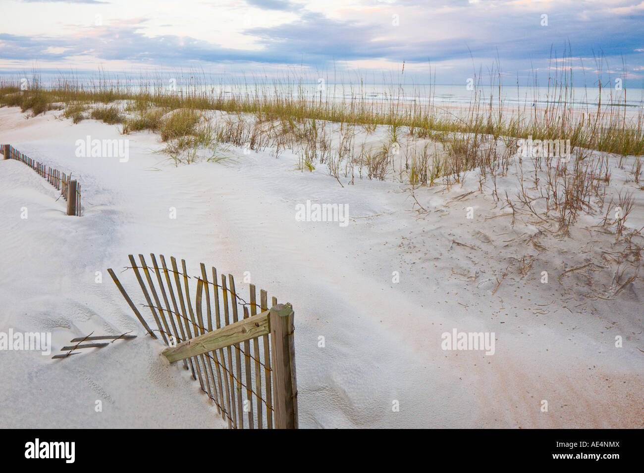 Wooden erosion fence on sand beach at Anastasia State Park, in St