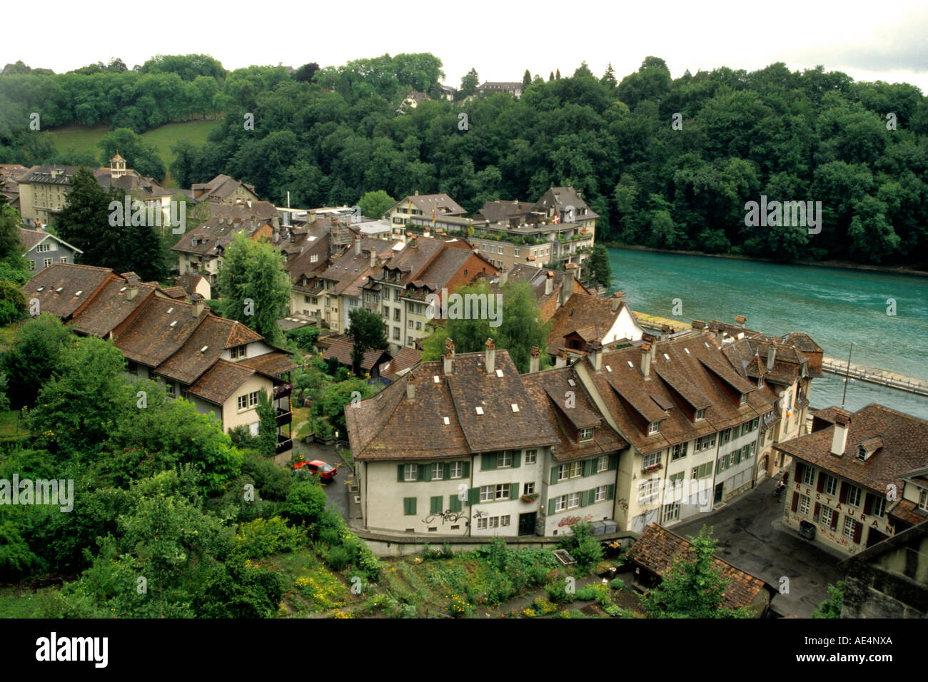 Historic Bern borders the Aare River in Switzerland. Stock Photo
