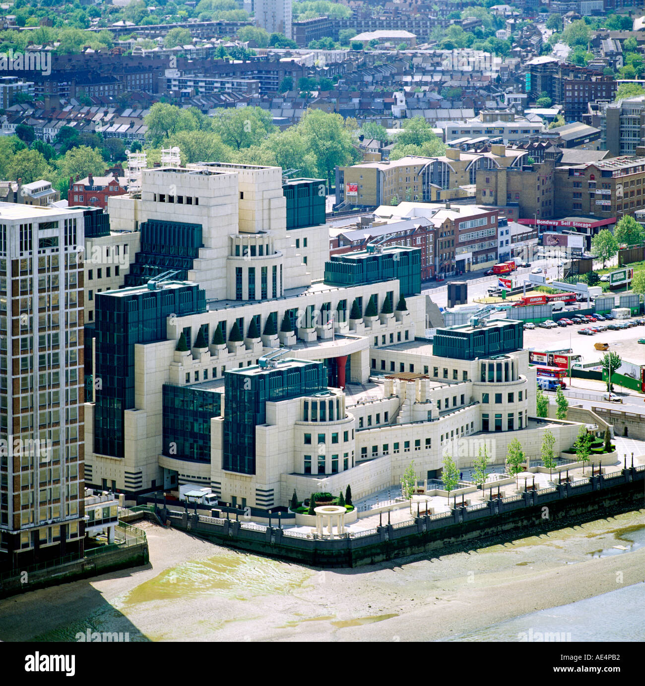Oblique 1990s aerial view south west of Vauxhall Cross MI6 Building from Millbank Tower London SE1 Stock Photo
