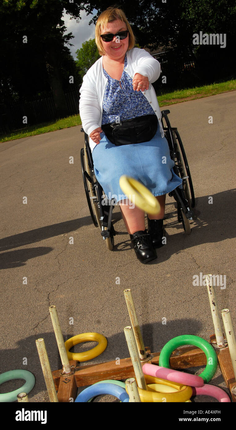 Disabled woman taking part in a disabled sports day Middlesex UK Stock Photo