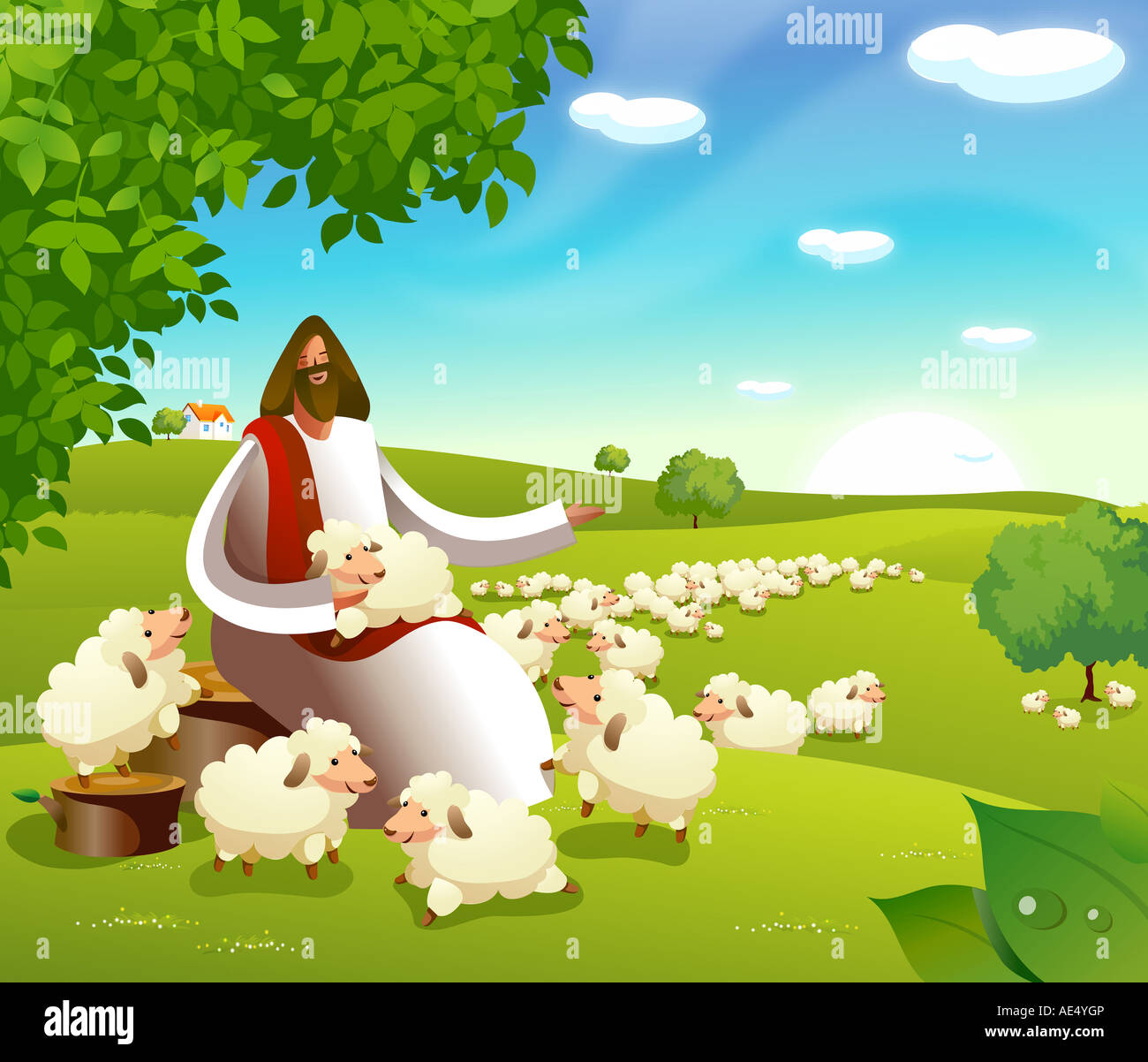 Jesus Christ sitting with a flock of sheep Stock Photo - Alamy