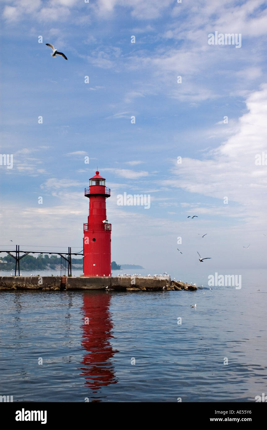Algoma Lighthouse and Seagulls Lake Michigan Algoma Wisconsin Stock Photo