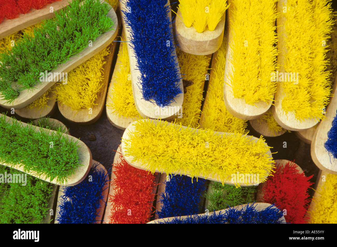 Colorful brushes in Cuzco farmers' market Peru Stock Photo