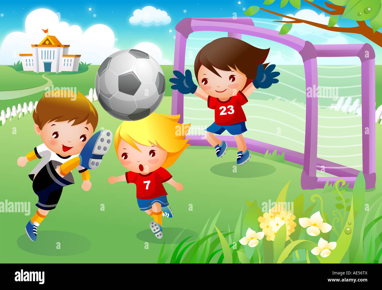 Three boys playing soccer Stock Photo - Alamy