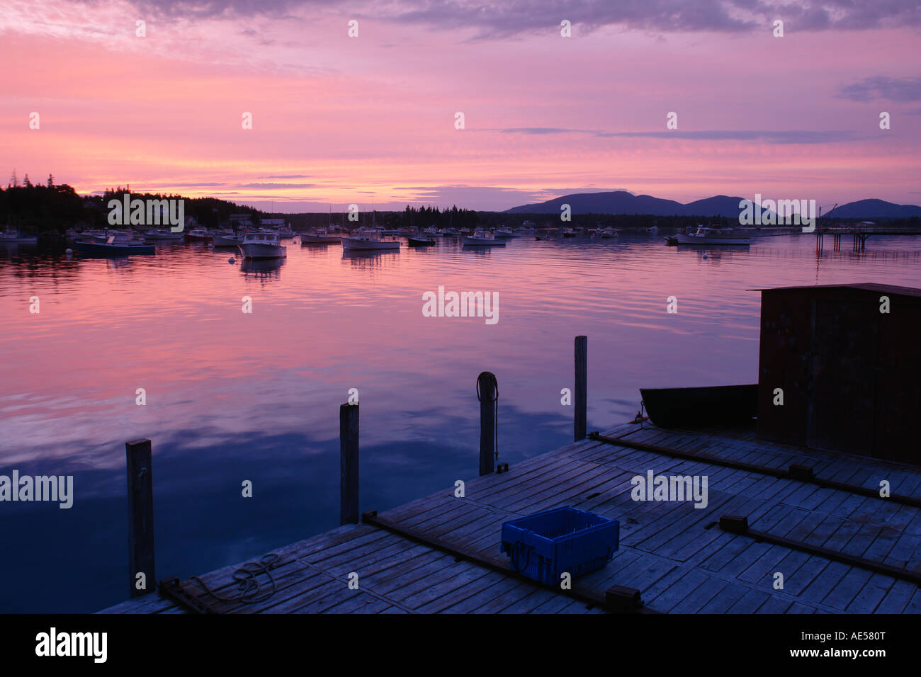 AJD59430, Bernard/Bass Harbor, ME, Maine, fishing harbor, sunset Stock