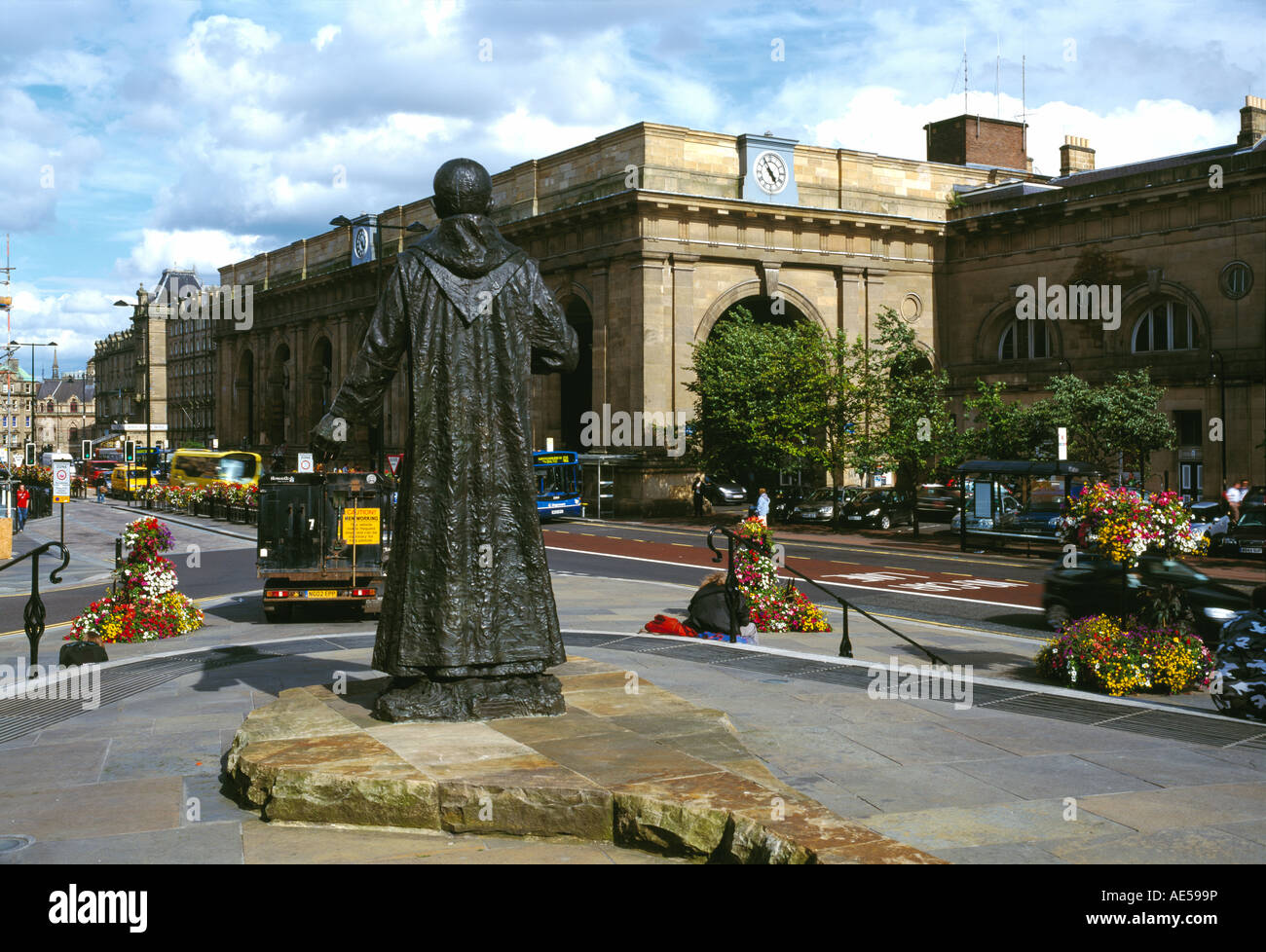Newcastle Central Station with Cardinal Basil Hume statue in foreground
