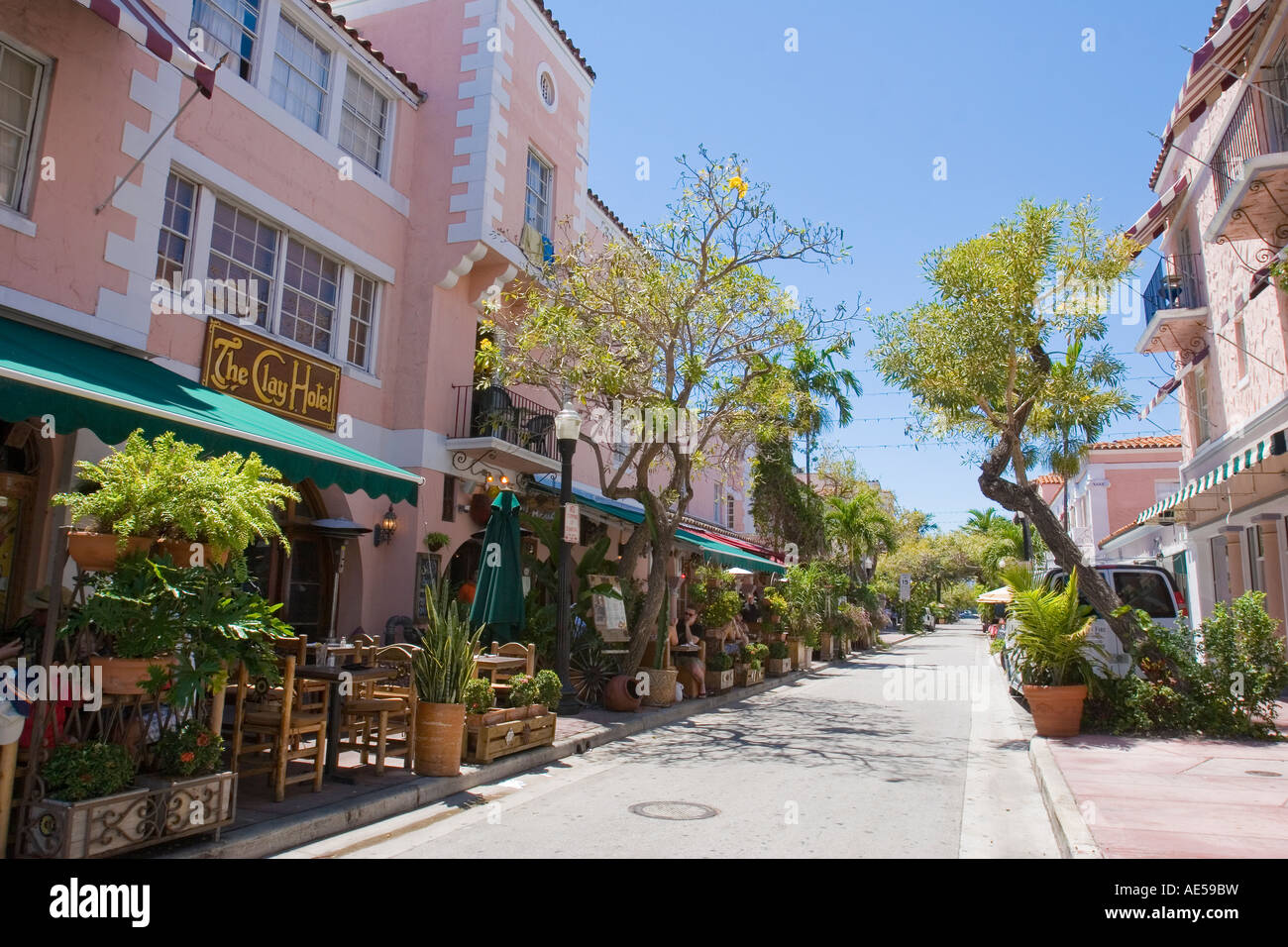 Restaurants hotels and shops on Espanola Way, a Mediterranean style street in South Beach Miami Stock Photo