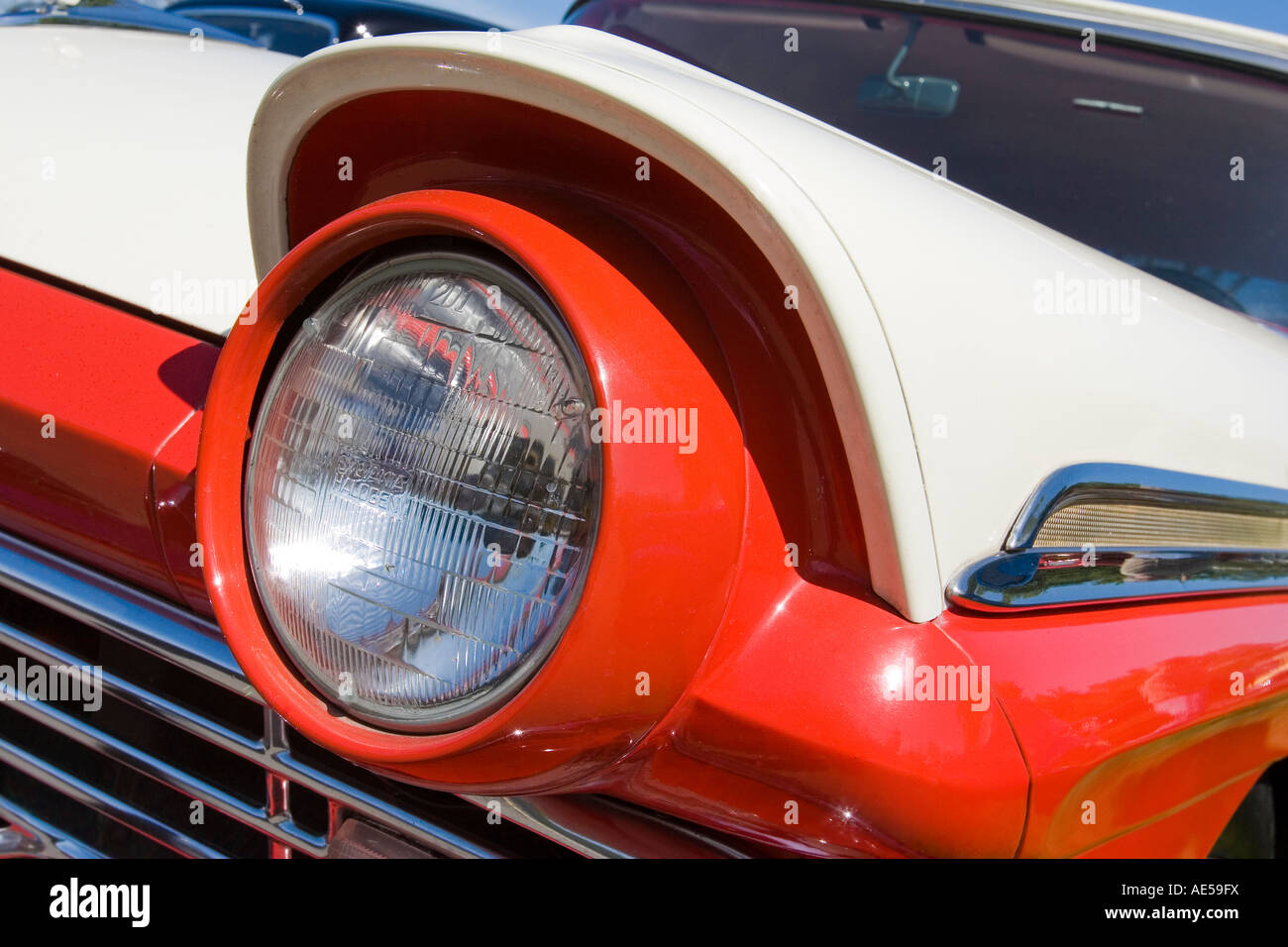 Front headlamp and fender detail of a 1957 Ford Custom 300 classic car Stock Photo