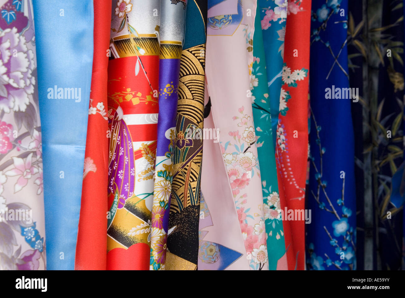 Silk fabric patterns of a row of Japanese kimonos for sale in Tokyo Japan  Stock Photo - Alamy
