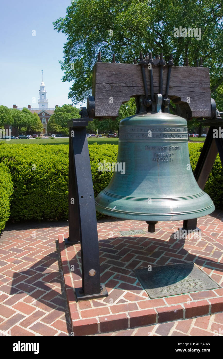 Full sized replica of the Liberty Bell displayed in front of Legislative Hall the Delaware statehouse in Dover Stock Photo