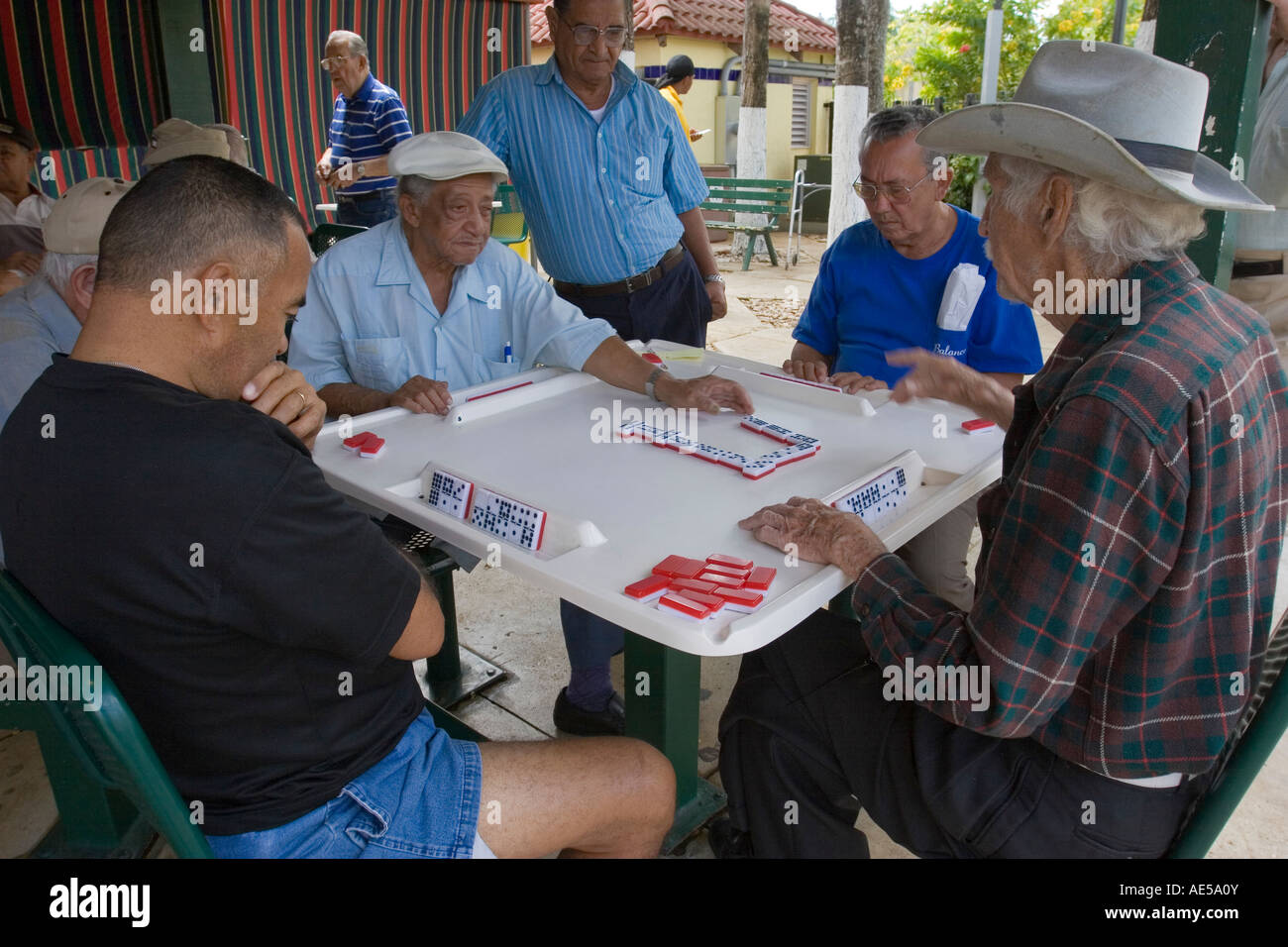 Four Cuban American men playing dominoes at Domino Club in Maximo Gomez  Park on Calle Ocho in Little Havana Miami Florida Stock Photo - Alamy