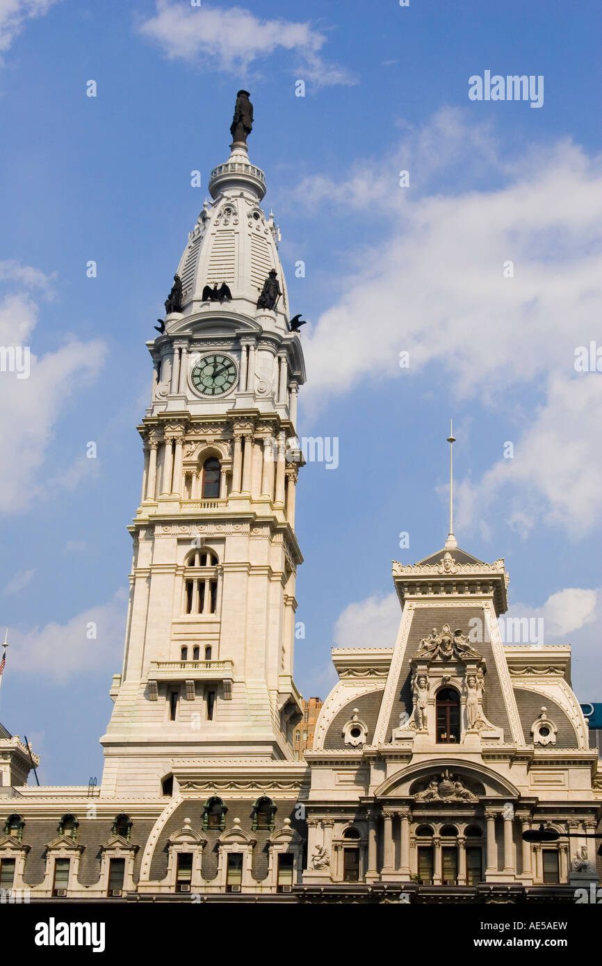 French Second Empire architecture of granite Philadelphia City Hall and Clock Tower with statue of William Penn - Pennsylvania Stock Photo