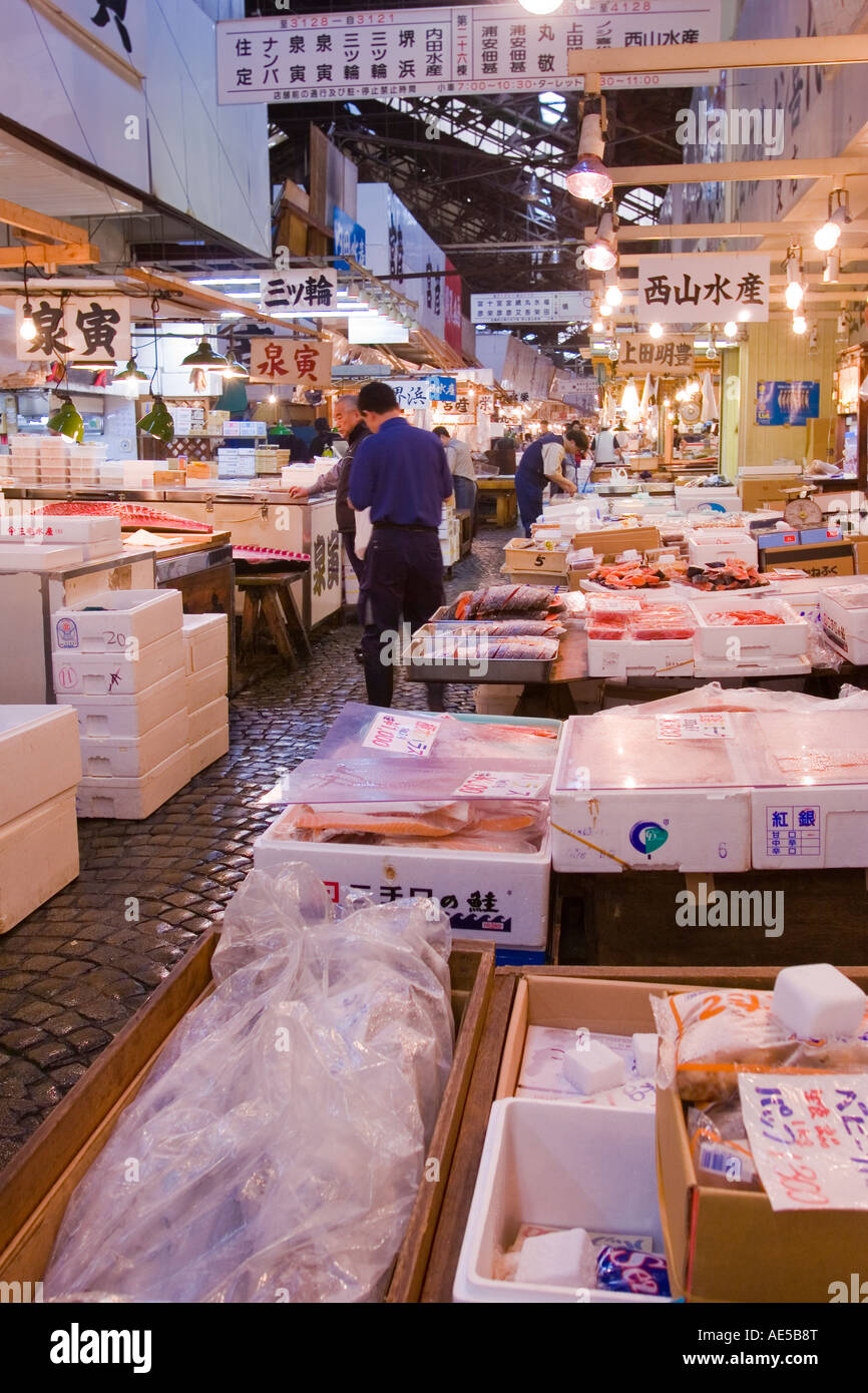 Stalls selling fish at the Tsukiji Fish Market in Tokyo Japan the