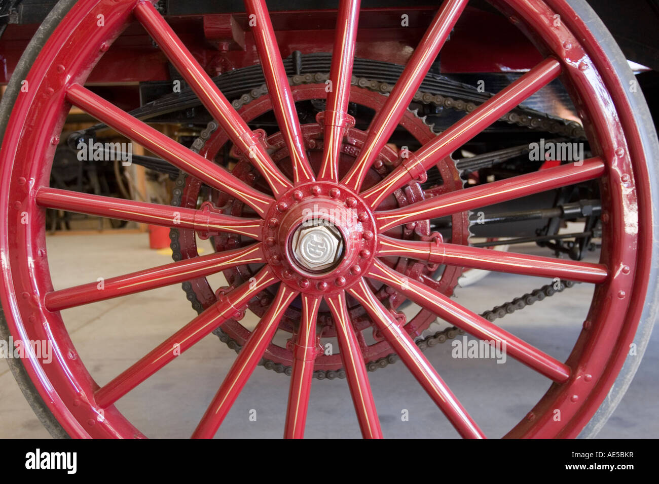 Wheel of 1913 International Harveseter Company IHC vintage horseless carriage Stock Photo