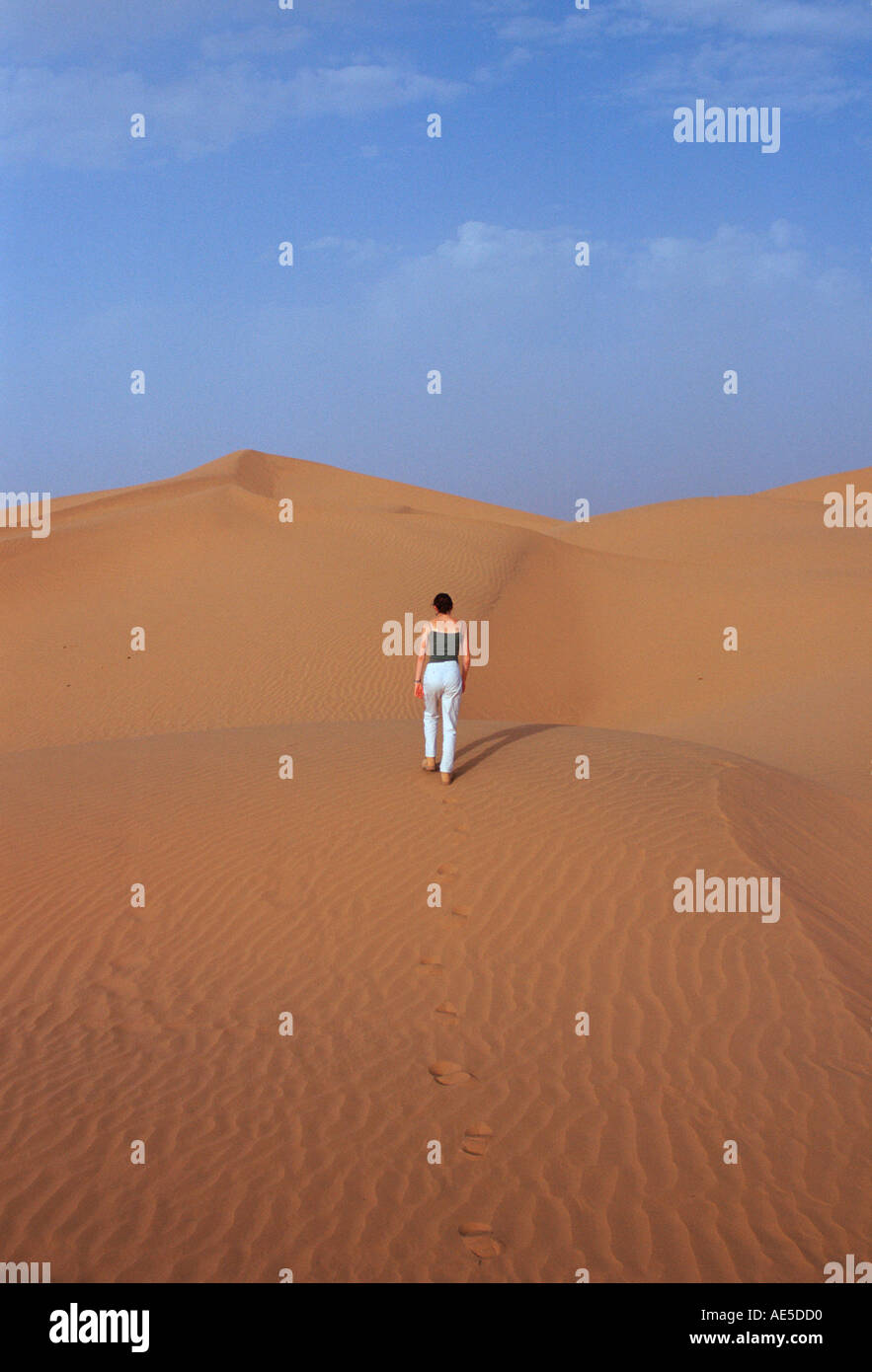 Tourist climbing up a sand dune in the Sahara Desert Morocco Stock ...
