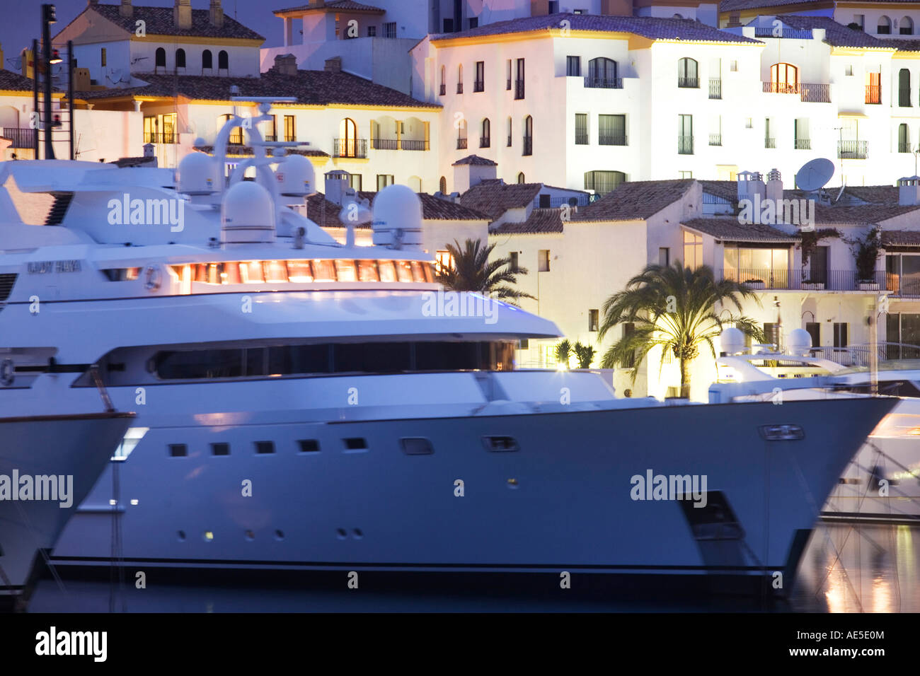 Puerto Banus with luxury ships at dawn, Marbella, Andalucia, Spain, Europe, EU Stock Photo