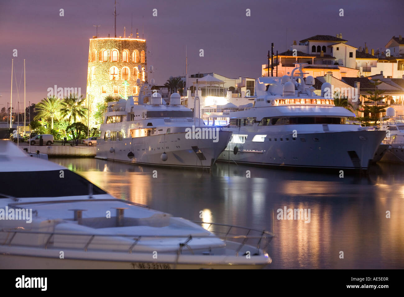 Puerto Banus with luxury ships at dawn, Marbella, Andalucia, Spain, Europe, EU Stock Photo