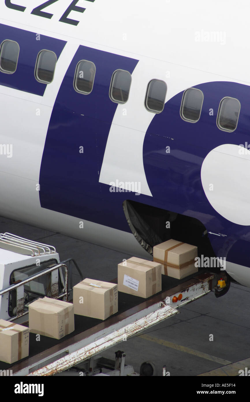 Air cargo and freight boxed packages being loaded into the cargo hold of an airliner Stock Photo