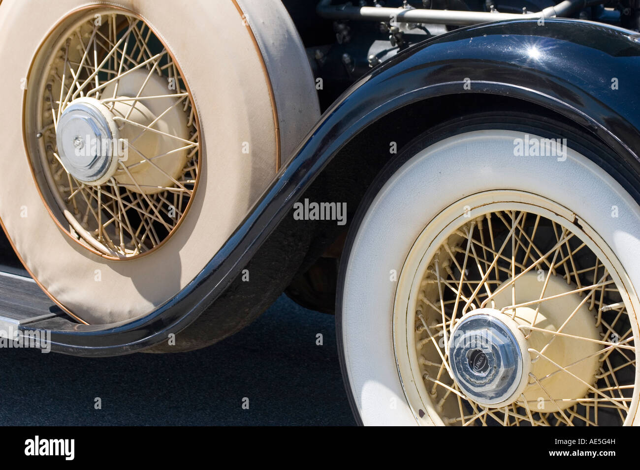Wheel and spare tire of black Lincoln classic car Stock Photo
