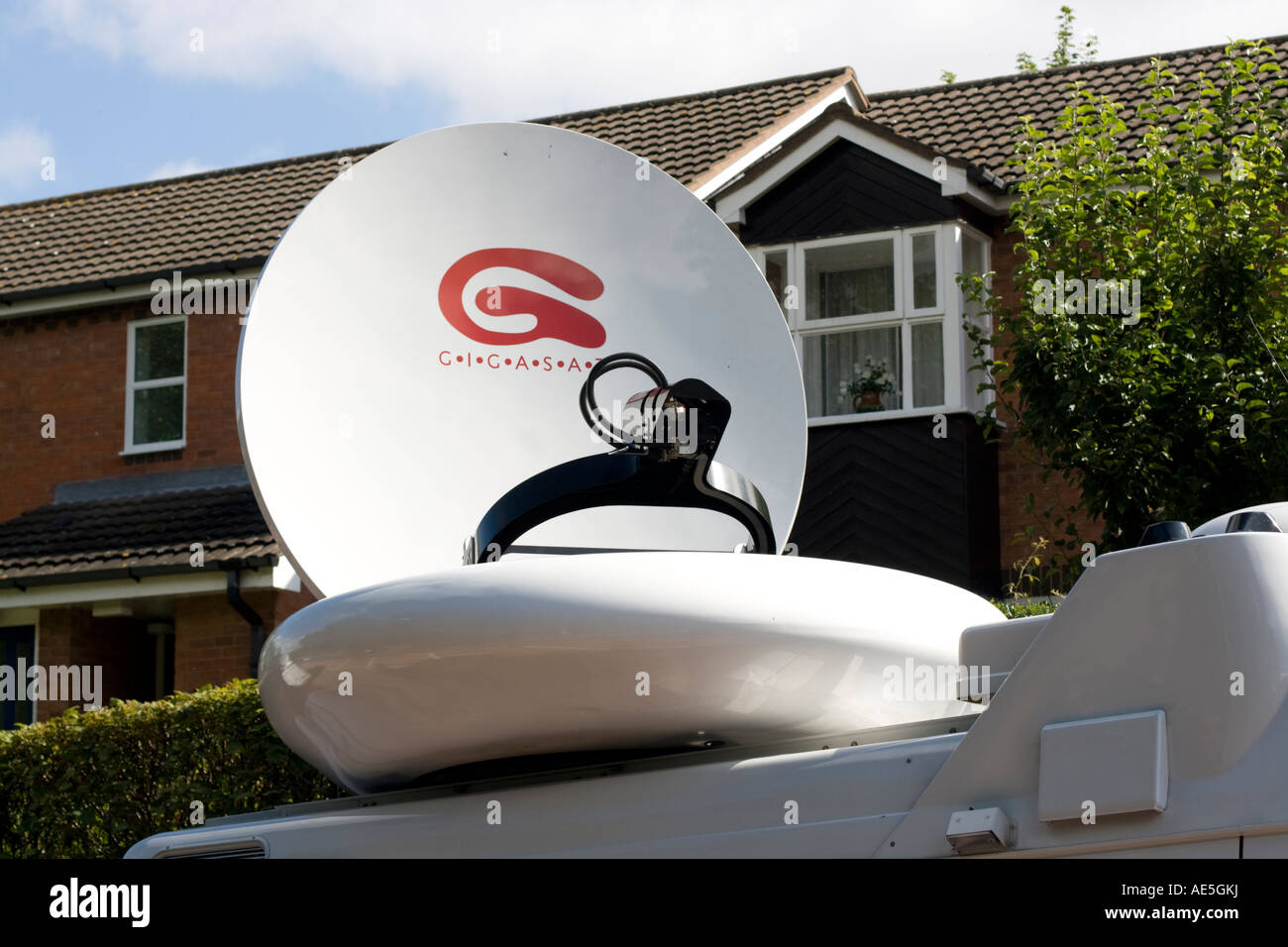 TV satellite dish on roof of outside broadcast van Tewkesbury UK Stock Photo