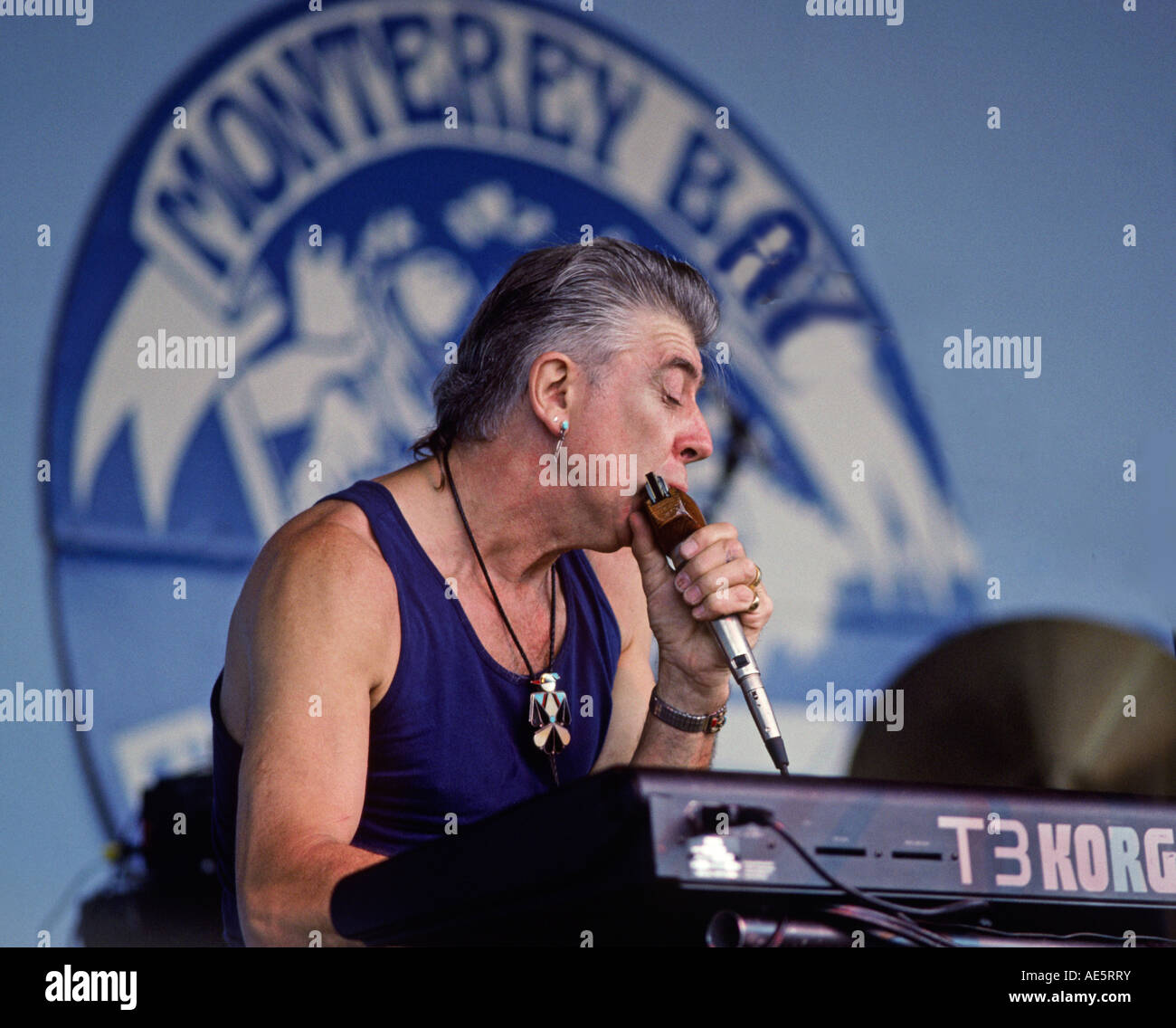 JOHN MAYALL SINGS and plays the PIANO with the BLUESBREAKERS at the 1991 MONTEREY BAY BLUES FESTIVAL Stock Photo