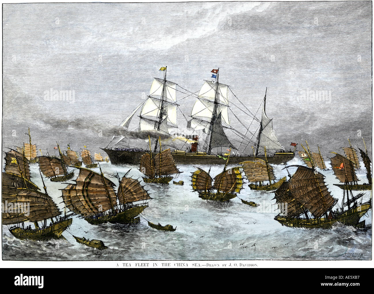 Fleet of tea ships in the China Sea 1880s. Hand-colored woodcut Stock Photo