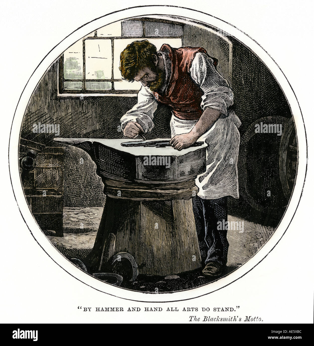 Blacksmith working at an anvil. Hand-colored woodcut Stock Photo