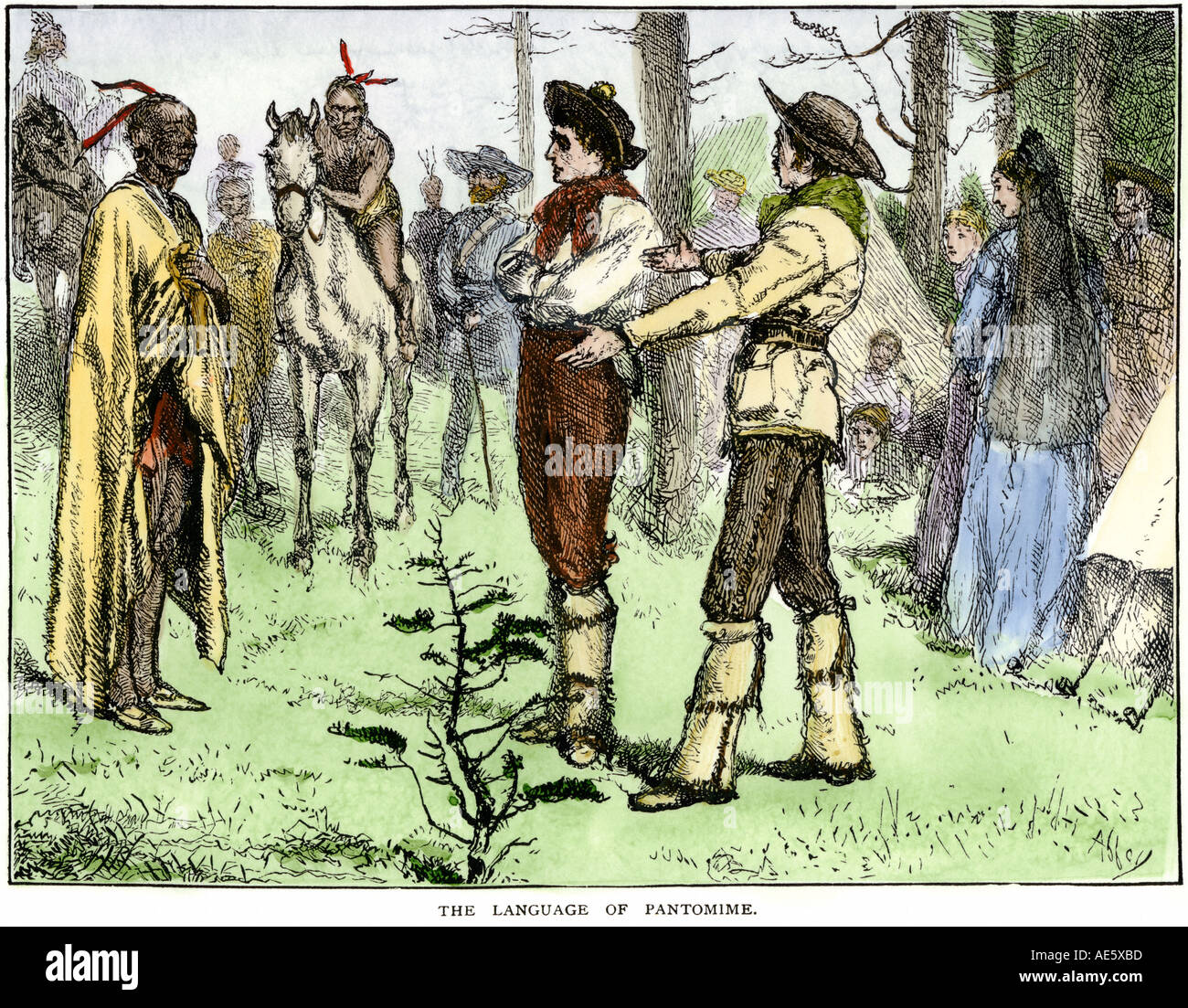 Fur traders and Native Americans conversing in pantomine. Hand-colored woodcut Stock Photo