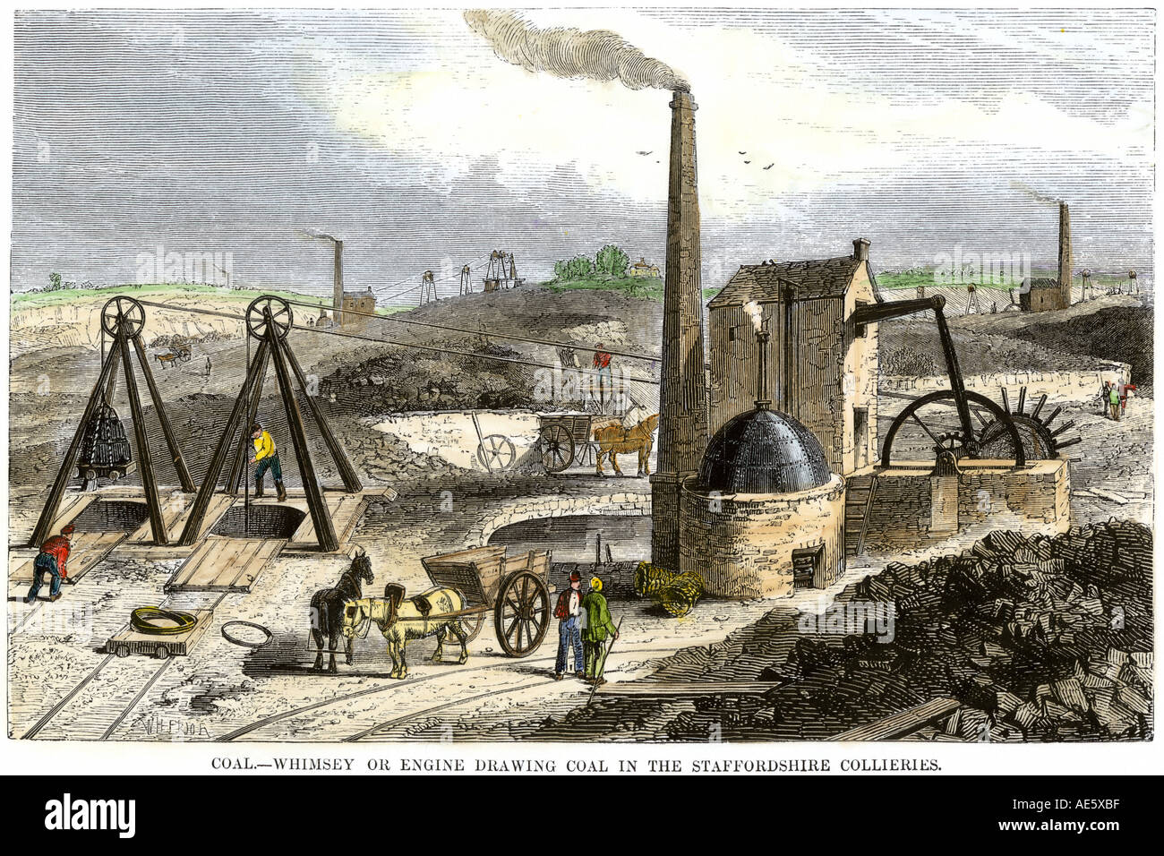 Whimsey engine drawing coal in the Staffordshire mines England 1850s. Hand-colored woodcut Stock Photo