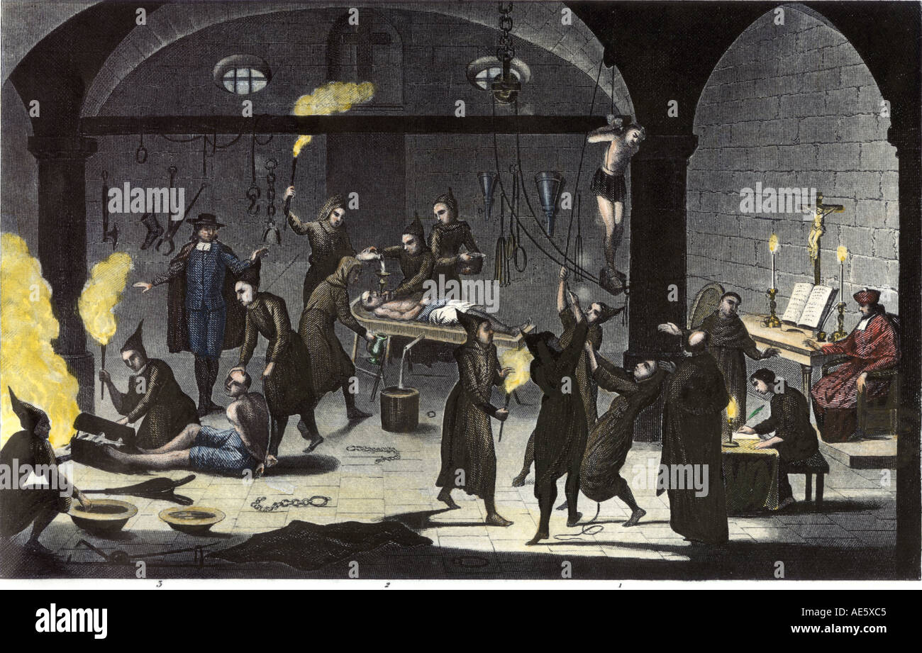 A variety of tortures used during the Spanish Inquisition. Hand-colored steel engraving Stock Photo