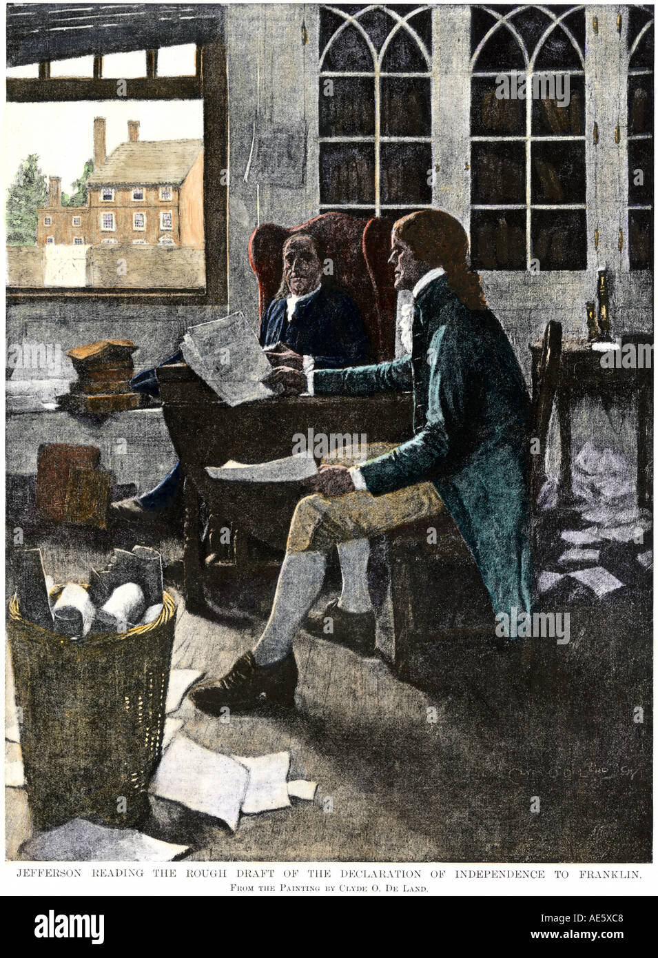 Thomas Jefferson reading his rough draft of the Declaration of Independence to Benjamin Franklin 1776. Hand-colored halftone of an illustration Stock Photo