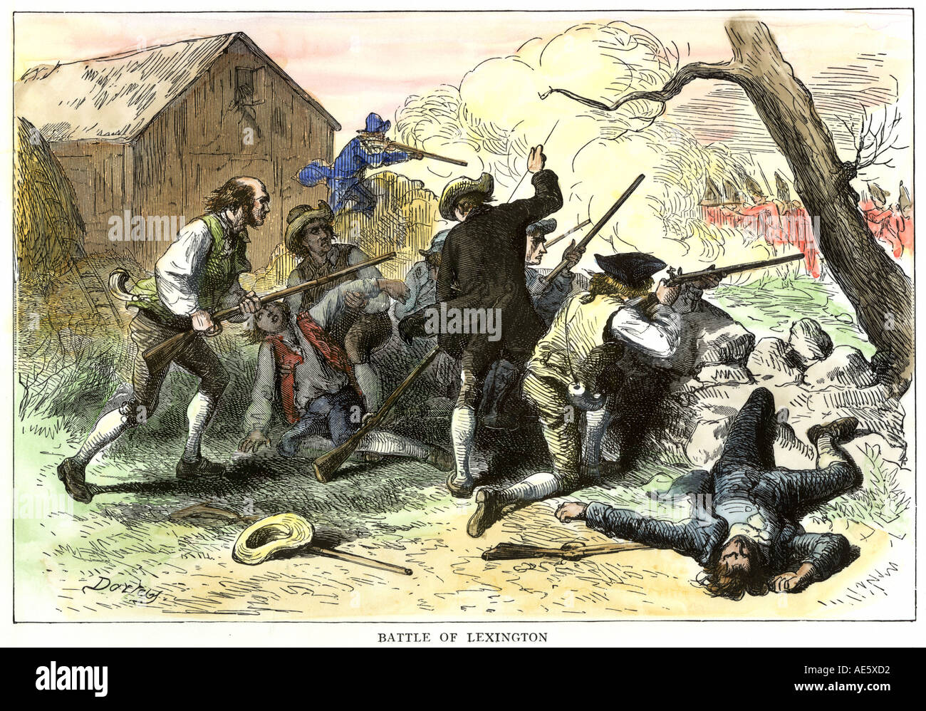 Minutemen at the Battle of Lexington starting the American Revolutionary War 1775. Hand-colored woodcut Stock Photo