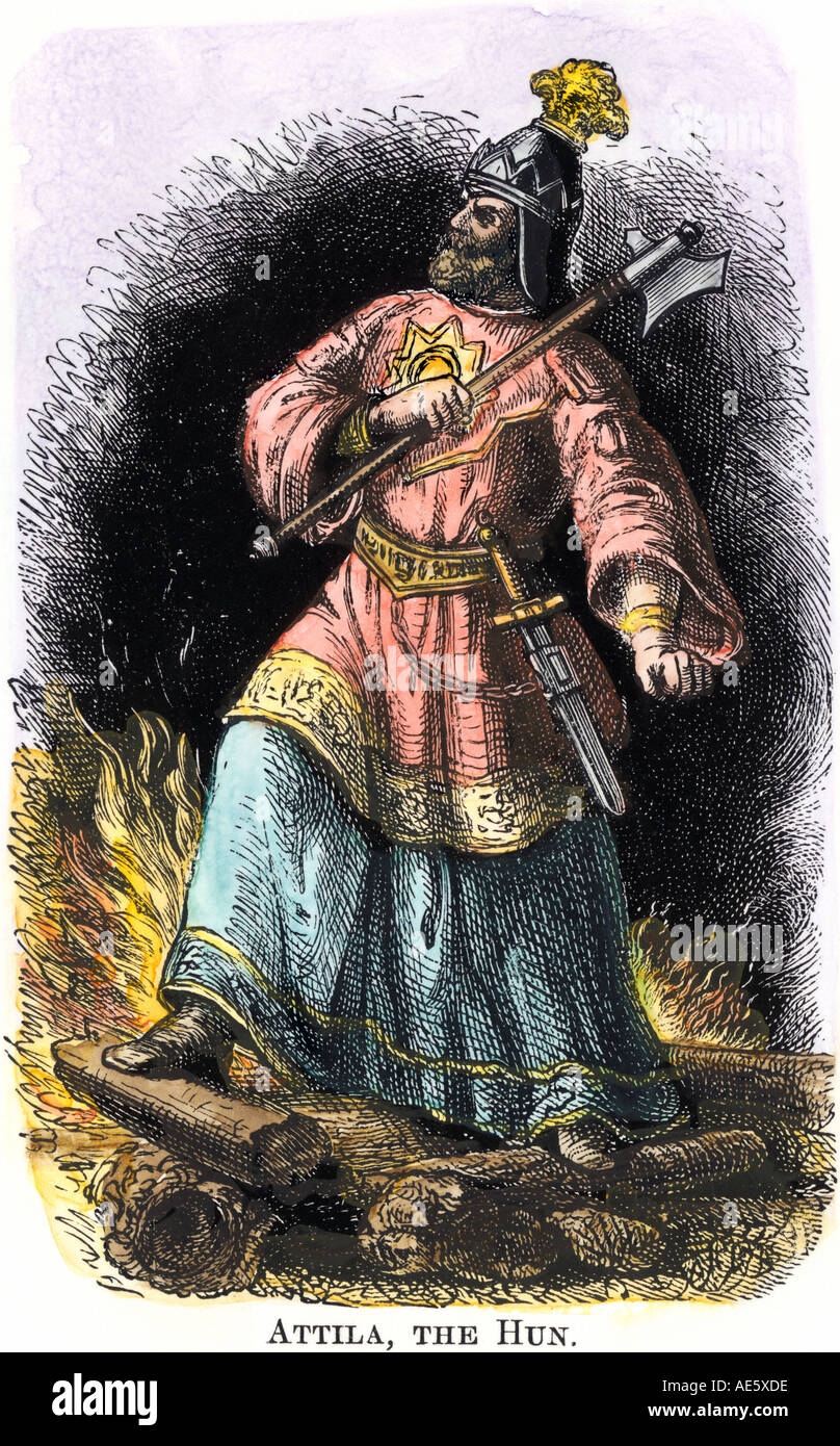 Attila the Hun portrayed on burning ruins. Hand-colored woodcut Stock Photo