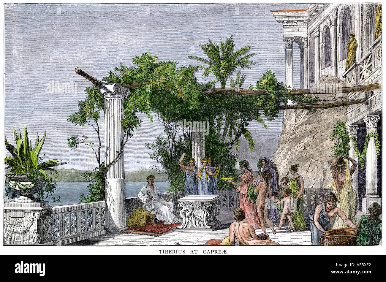 Roman Emperor Tiberius enjoying his villa on the island of Capri. Hand-colored woodcut Stock Photo