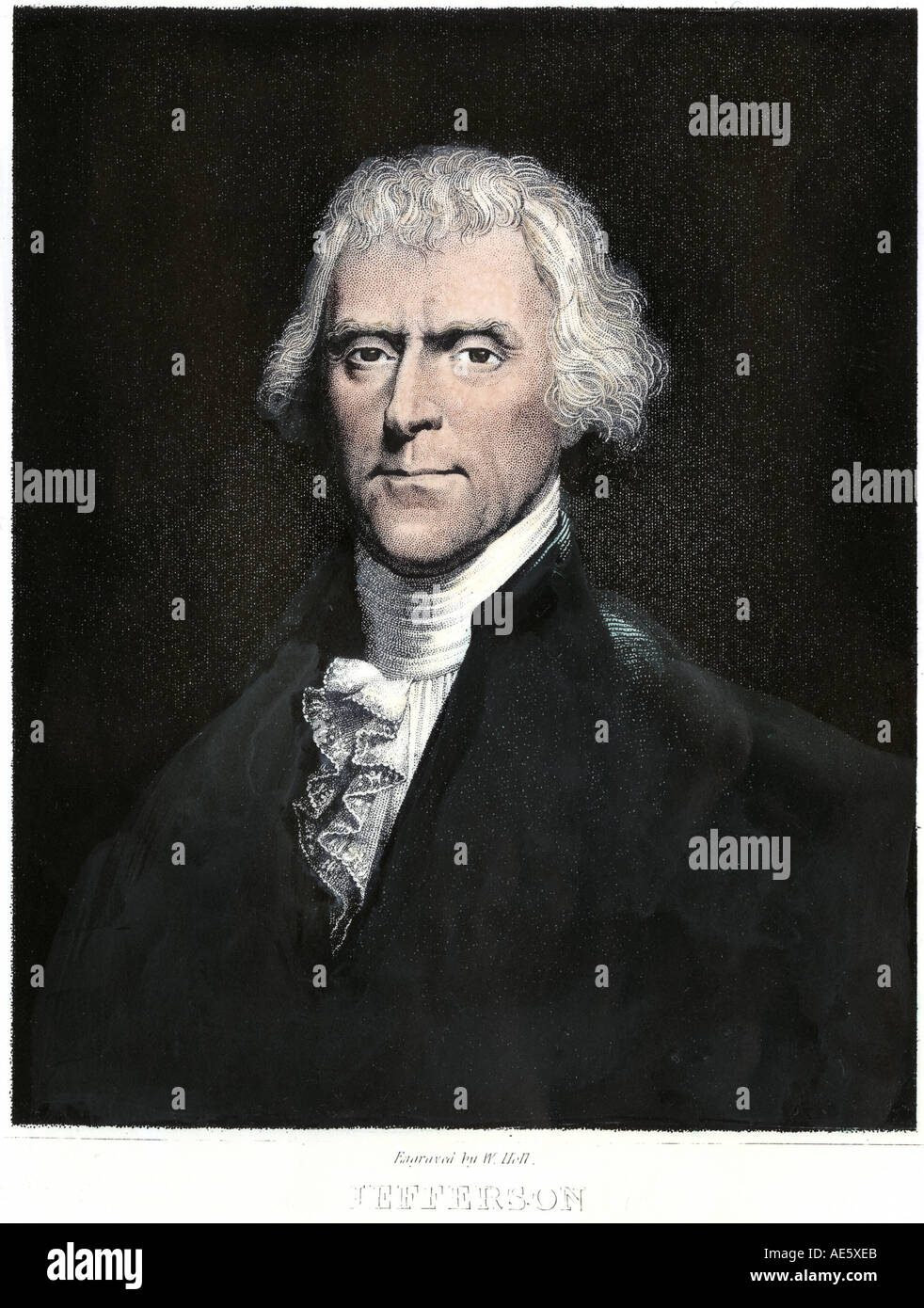 Thomas Jefferson portrait. Hand-colored engraving of a portrait by Desnoyers Stock Photo