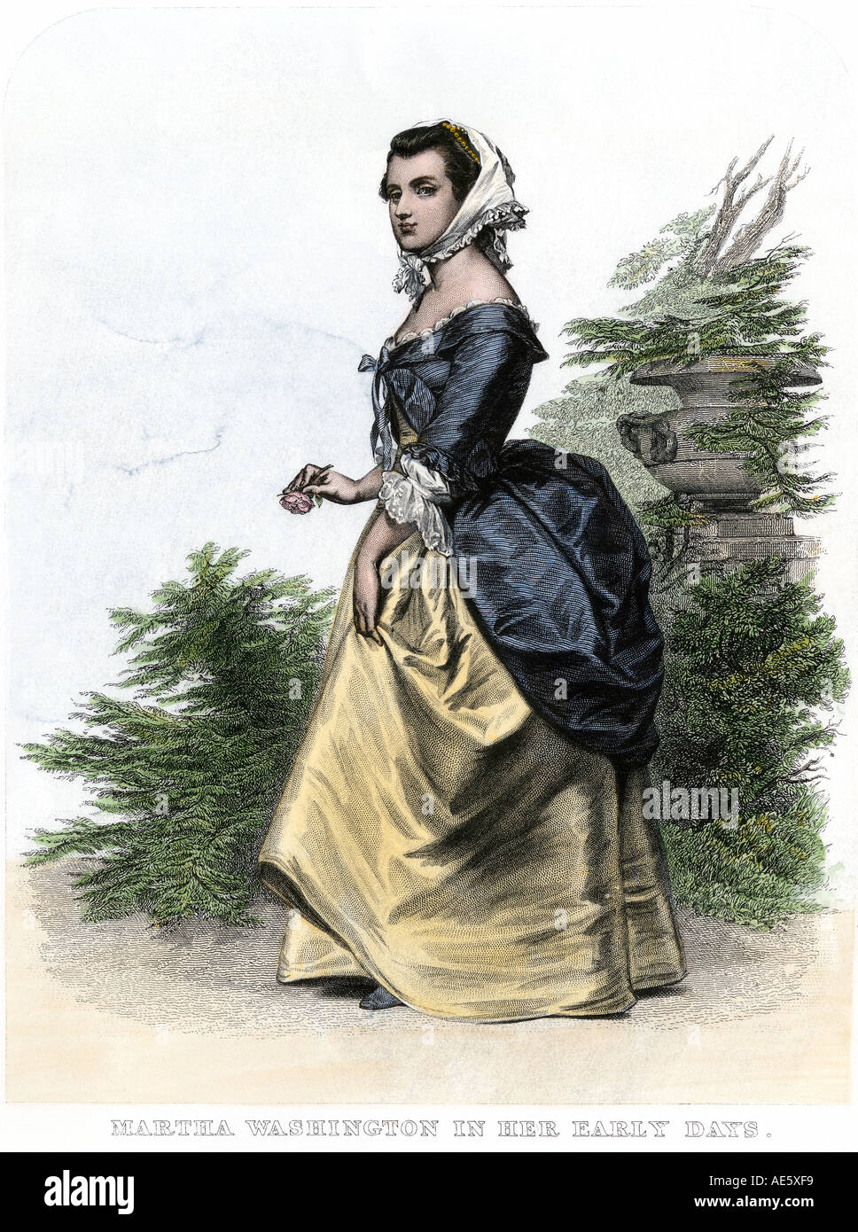 Martha Custis Washington outdoors in her early days. Hand-colored steel engraving Stock Photo