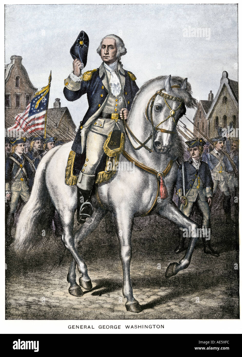 General George Washington leading troops on parade American Revolution. Hand-colored halftone of an illustration Stock Photo