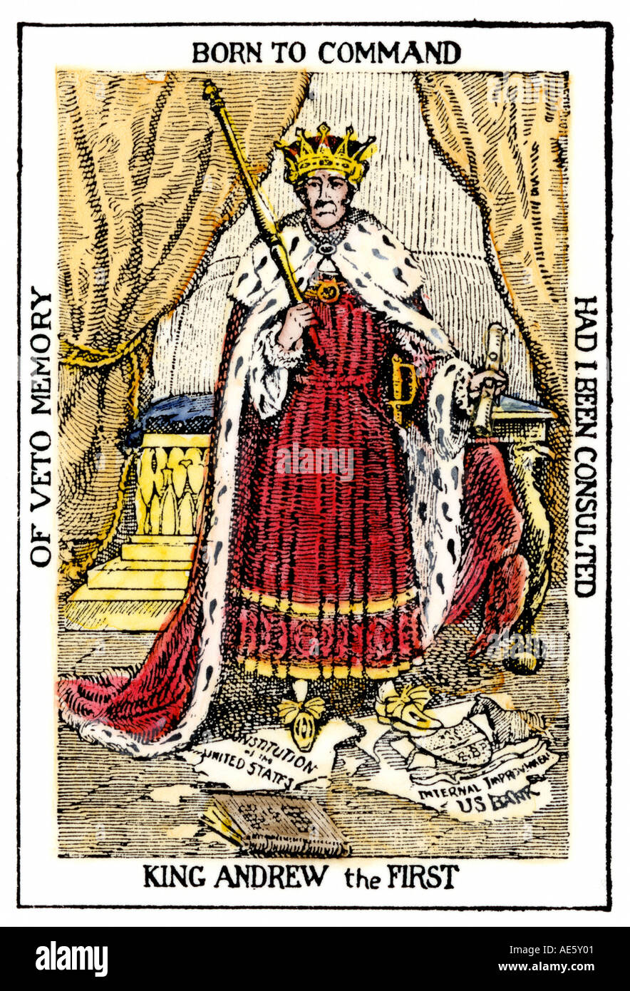 Cartoon of President Andrew Jackson as King Andrew the First. Hand-colored woodcut Stock Photo