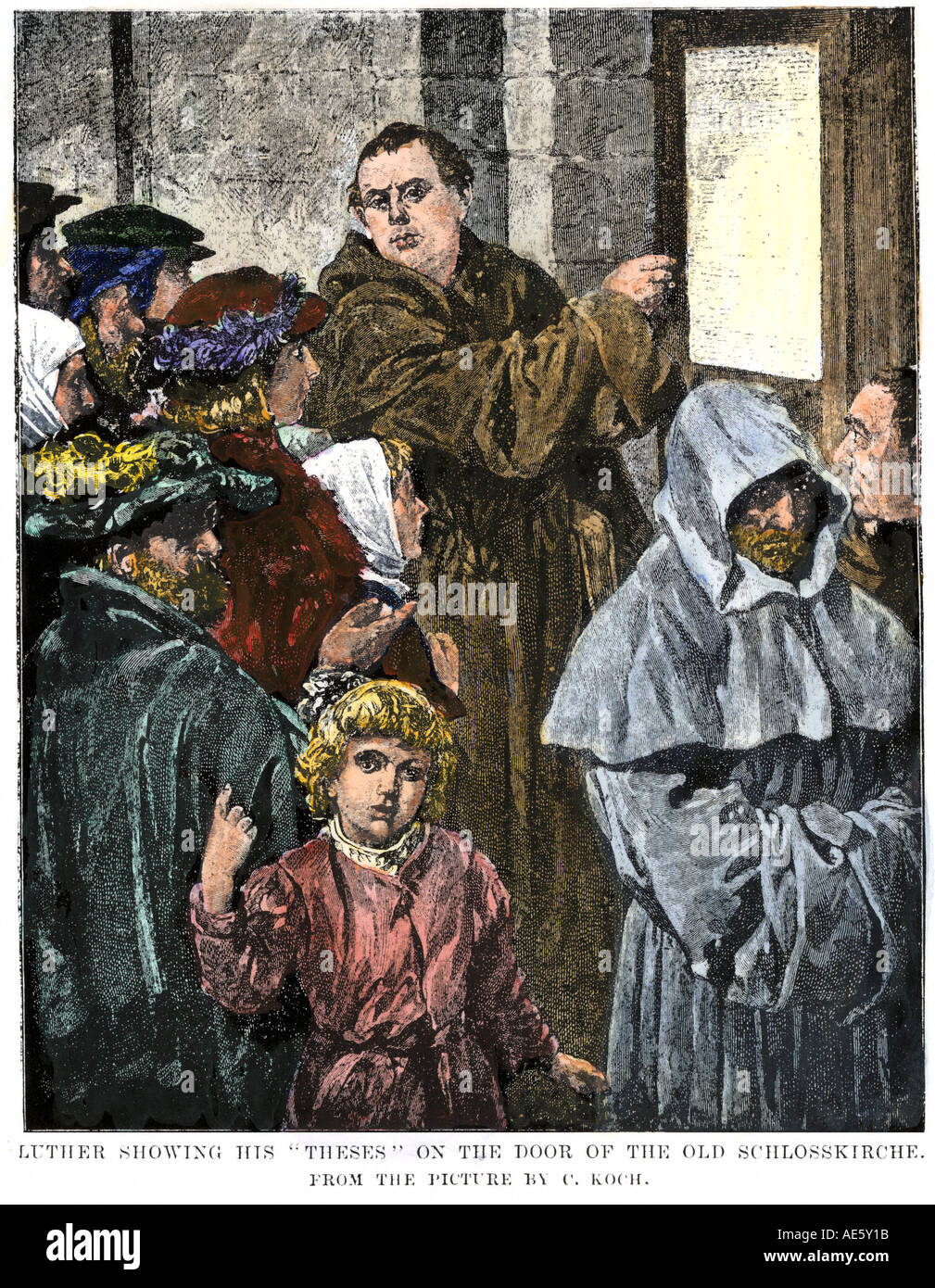 Martin Luther posting his 95 Theses on the church door in Wittenberg 1517. Hand-colored woodcut Stock Photo